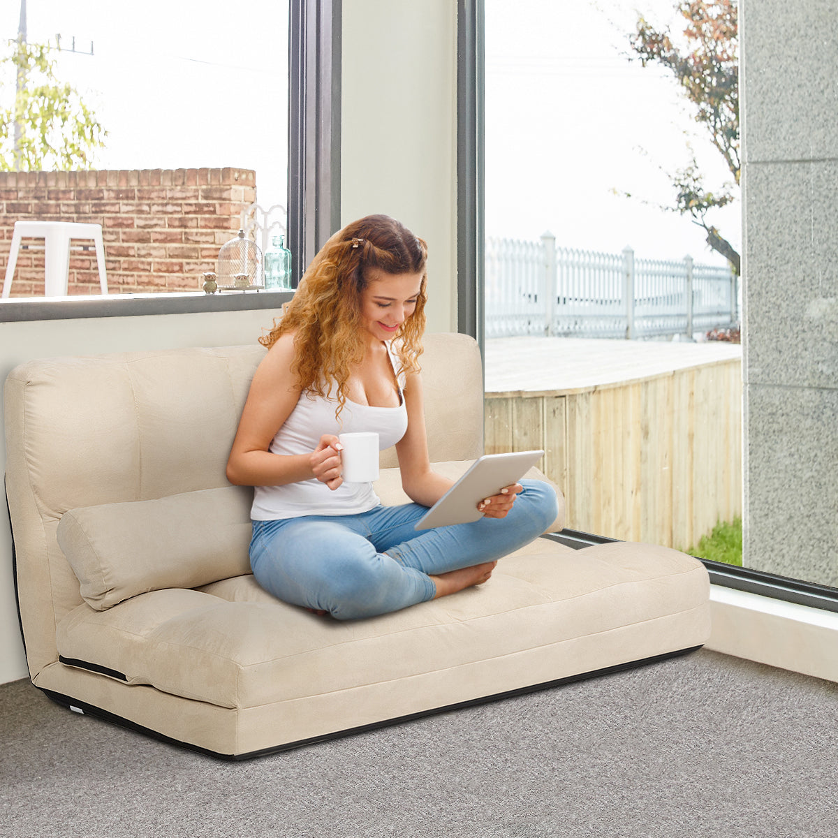 Lazy Sofa Bed – Vloerbank – Slaapbank – Loungestoel – Opvouwbare Sofa – Beige – 5-Standen Verstelbare Rugleuning – Inclusief 2 Kussens