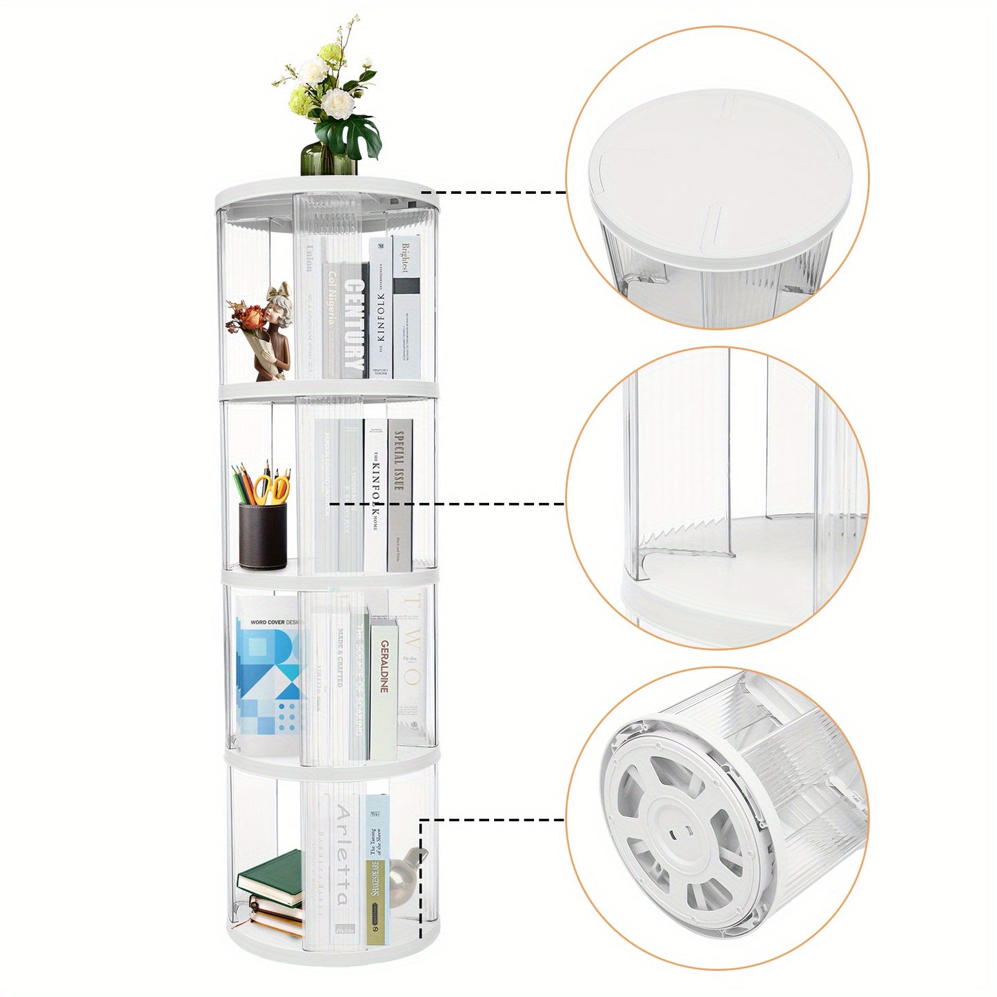Boekenrek – Boekenkast – Boekenplank – Opbergkast – Boekenstandaard – Draaibaar 360° – Ruim 4-laags – Duurzaam ABS & PET – Compact en Stijlvol – Wit