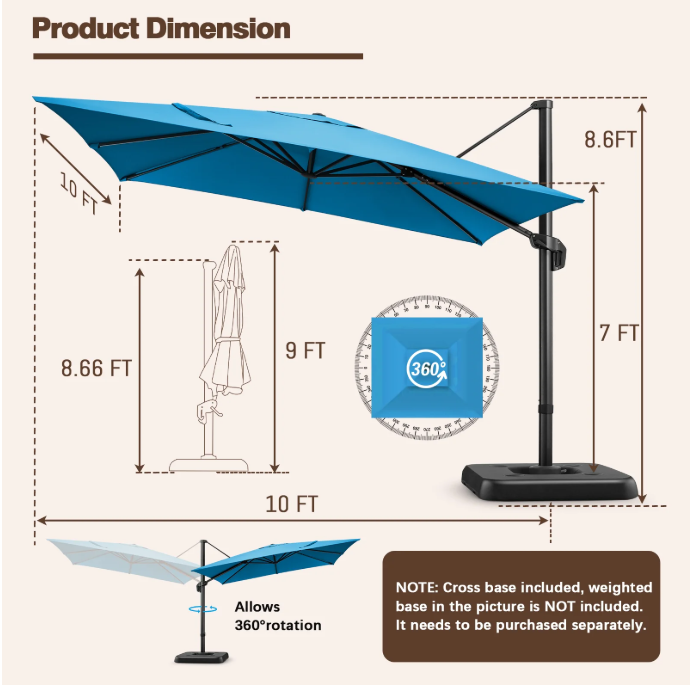 Parasol – Cantilever Parasol – Balkonparasol – Tuinparasol – Zweefparasol – Lichtblauw – 3x3 Meter Groot – Verstelbare Hoogte 5-standen – Duurzaam Aluminium Frame – Waterafstotend Polyester