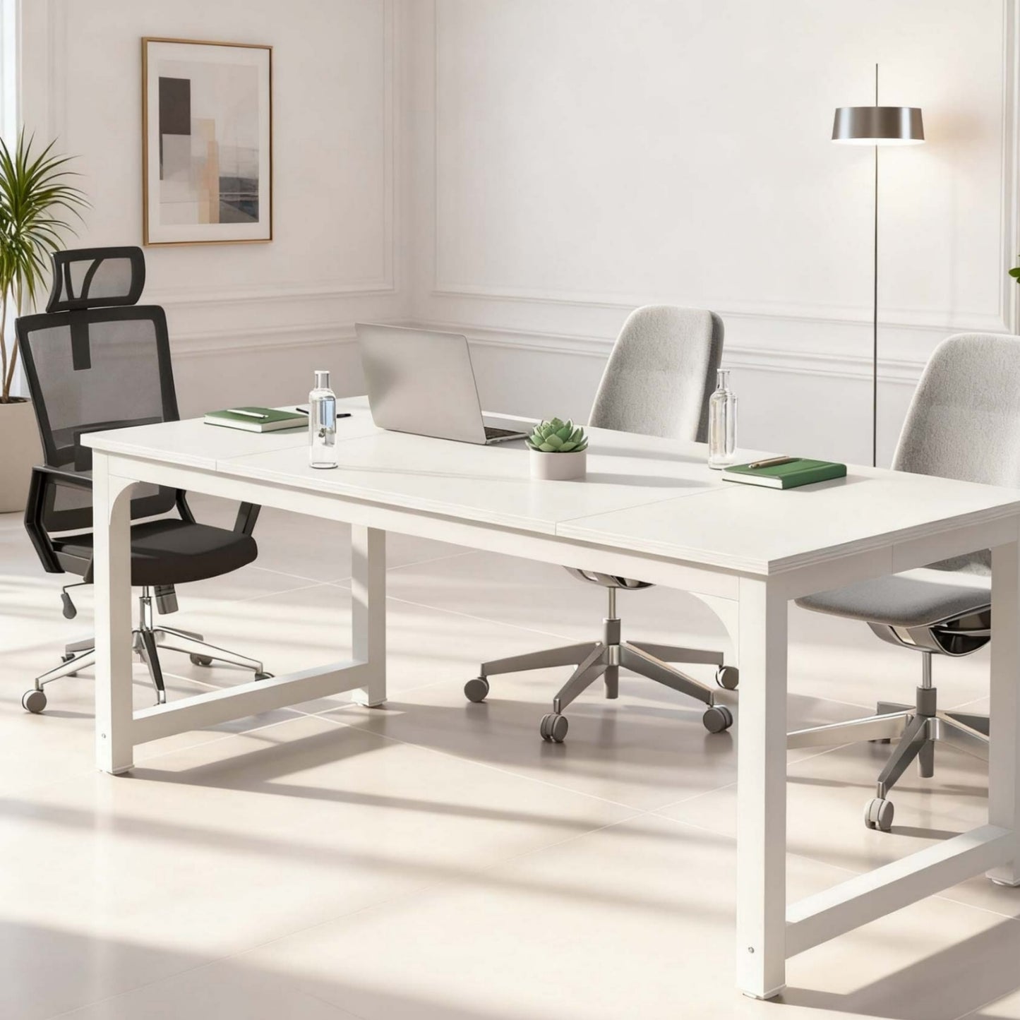 6-Foot Conference Table, Measuring 179.98 cm Wide by 79.98 cm Deep, Suitable for Meeting Rooms And Boardrooms, Featuring a Splicing Board with a Metal Frame, in White, Ideal for Christmas Holiday Decoration.