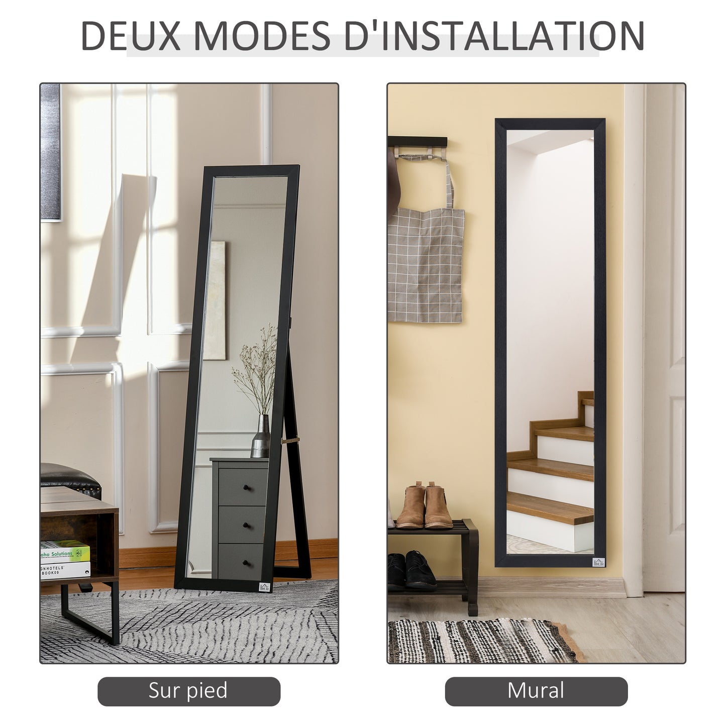 Full-Length Spiegel – Staande Spiegel – Wandspiegel – Kleerhangspiegel – Passpiegel – Zwart MDF-Frame – 154 cm Hoog – Vrijstaand & Wandmontage