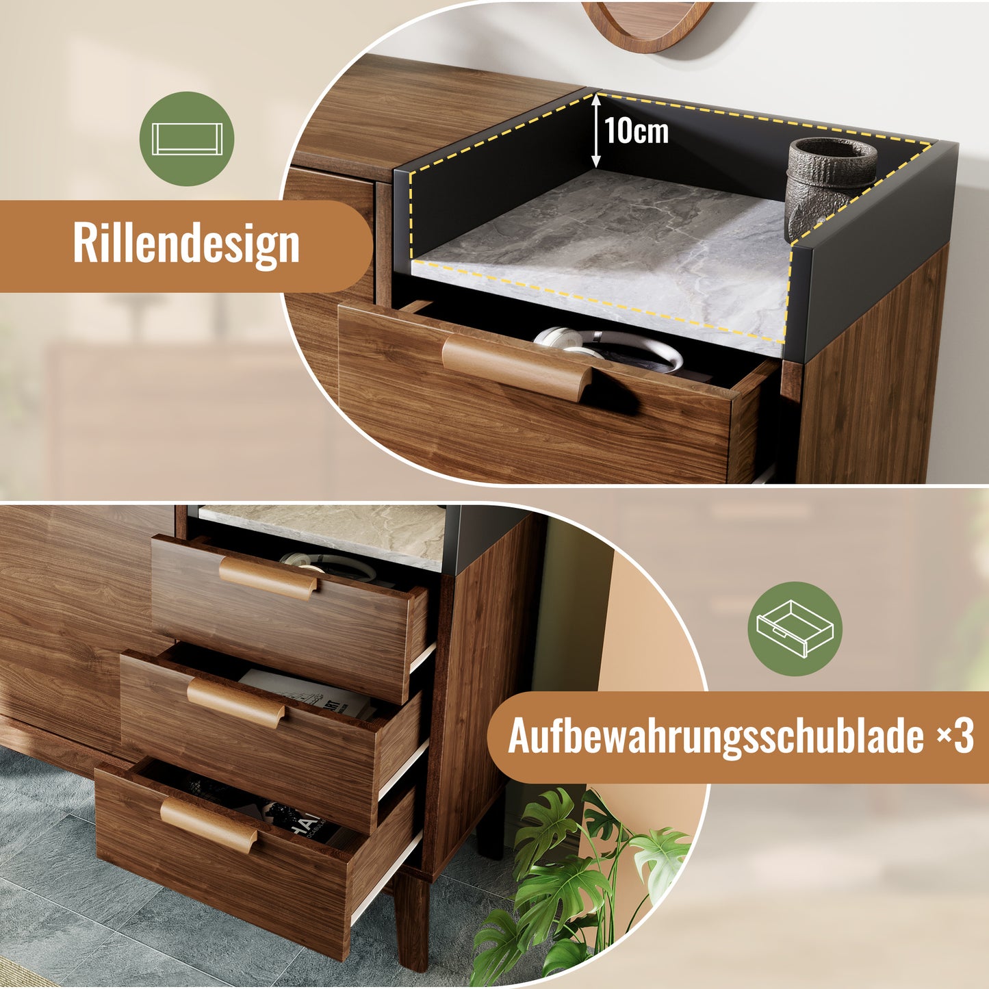 Dressoir – Sideboard – Buffetkast – Opbergkast – Kast – Eikenhout Met Marmerlook – Verstelbare Planken – 11 cm Hoogte Voor Robotstofzuiger
