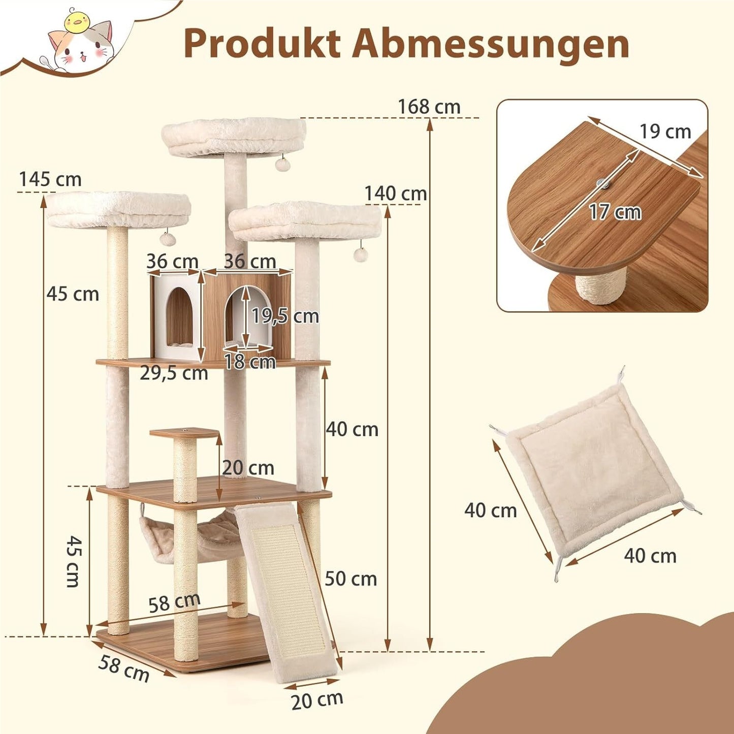 Krabpaal – Kattenboom – Kattenpaal – Krabmeubel – Kattenmeubel – 168 cm Hoog – Zachte Zitplekken en Sisal Krabpalen