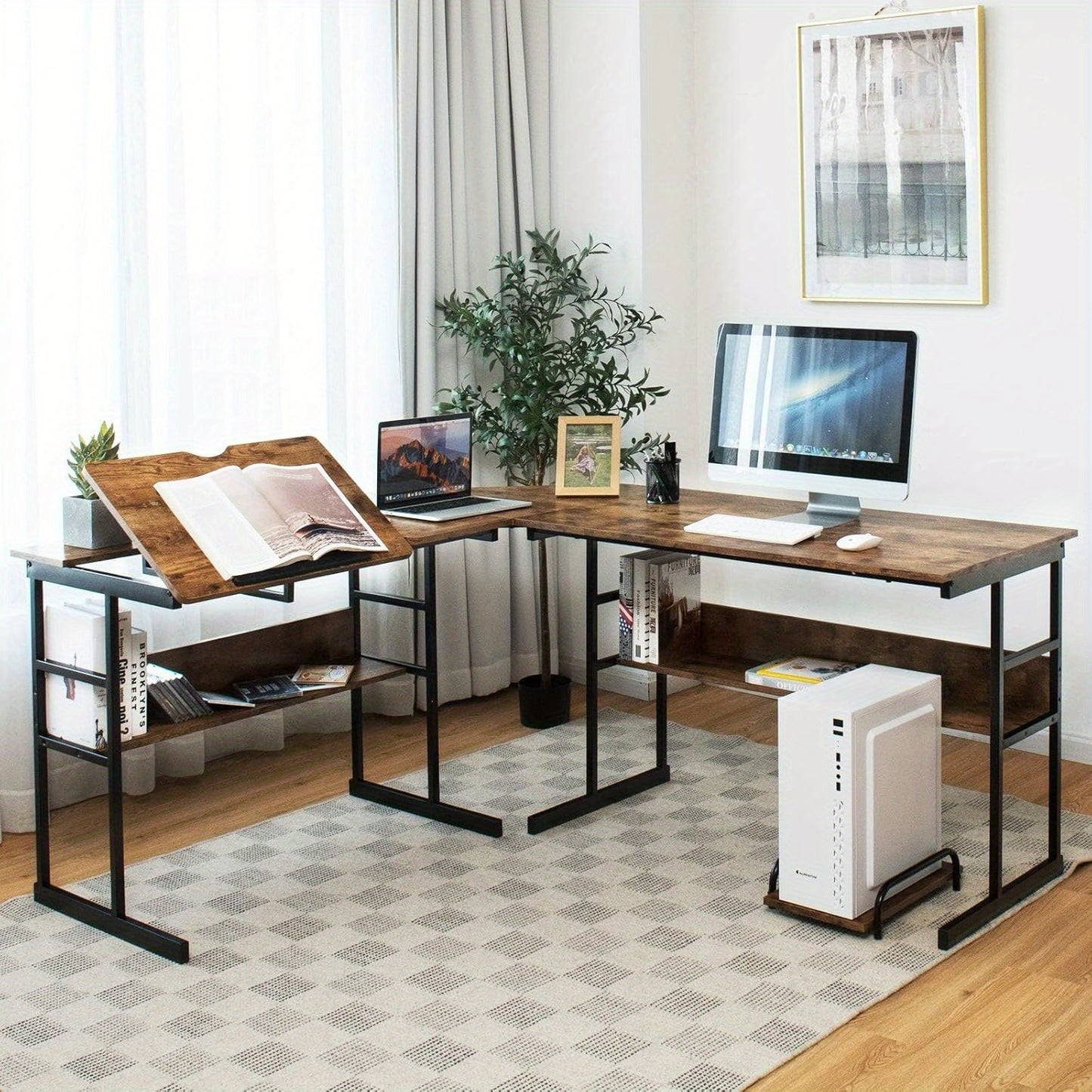 Bureau – Bureaumaatschappij – Computertafel – Hoekbureau – Werkplek – L-vormig Bureau – Met Opbergrekken – Verstelbare Kantelplaat – Stevig Metalen Frame – Compact 170x150x75 cm – Hoogwaardig MDF Hout