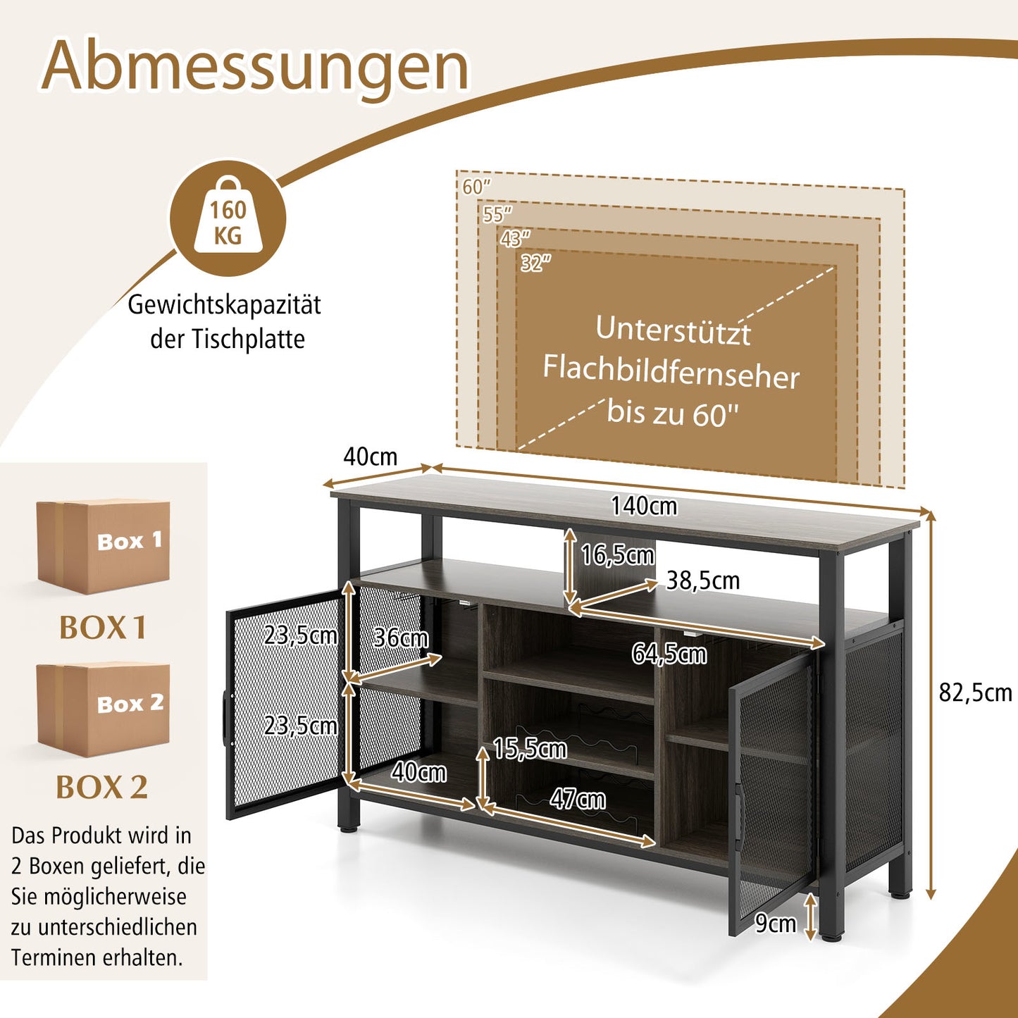Keukenbuffet – Dressoir – Barkast – Wijnkast – Opbergkast – Ruimte voor 8 flessen – Glazenhouder voor 6 rijen – Metalen gaasdeuren – Verstelbare voetjes – Grijs/Zwart