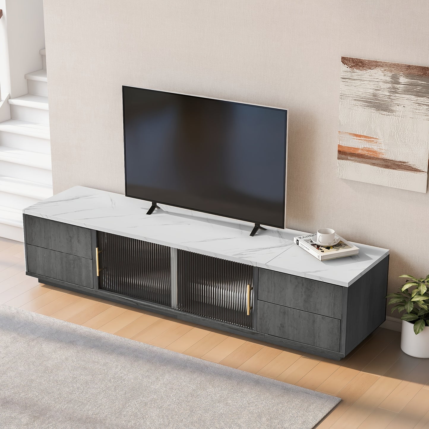 Tv-Meubel – Tv-Kast – Mediamöbel – Opbergkast – Kastje – Notenkleur Walnut – Golvende Deuren – Ruime Opbergruimte – Bamboe Materiaal – Zwarte Metalen Poten