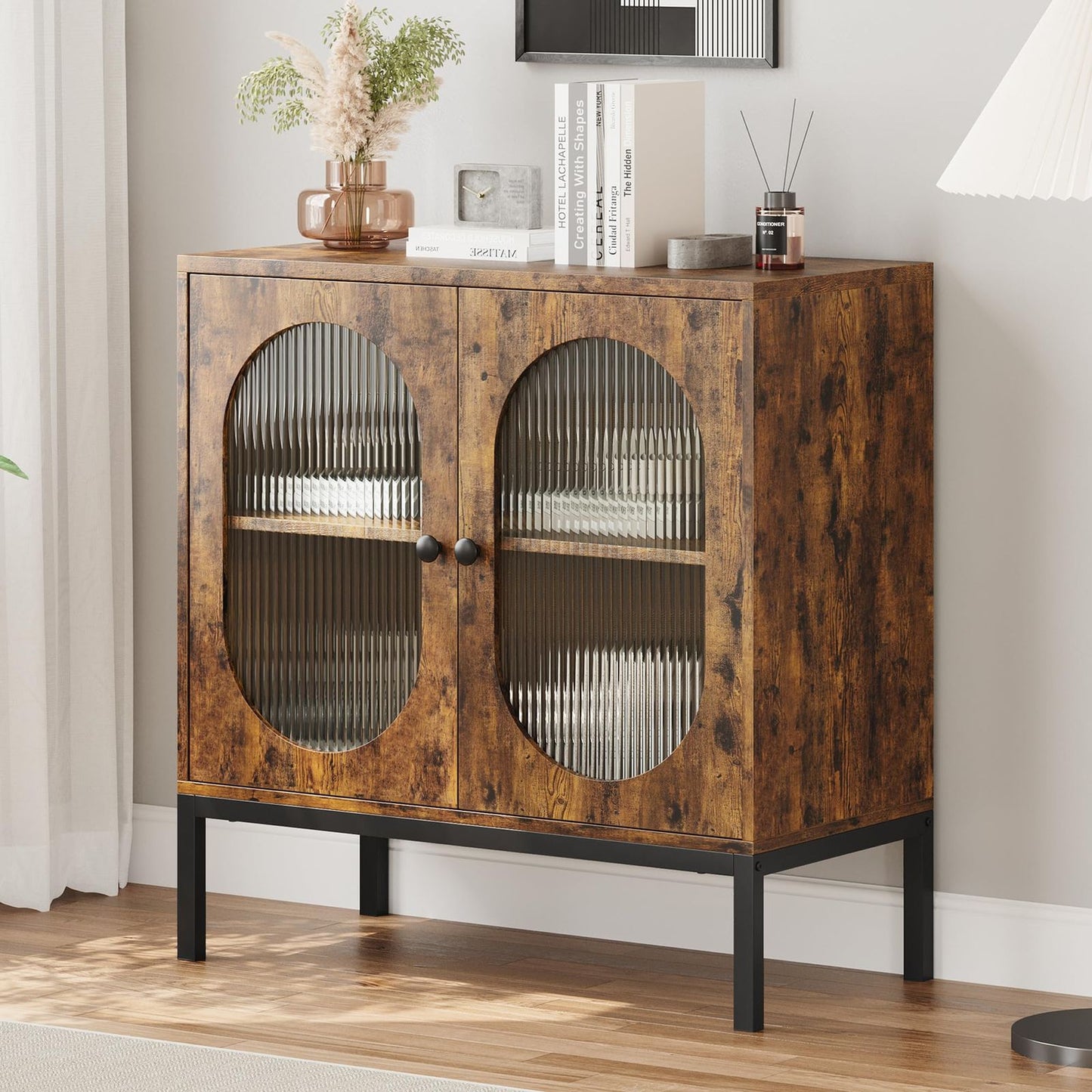 Set of 2 Rustic Buffet Storage Cabinets with 2 Fluted Glass Doors | European Style Hardwood Sideboard Accent Console Bar Cabinets for Dining Room, Kitchen, Living Room, Hallway, Floor Mount, Brown