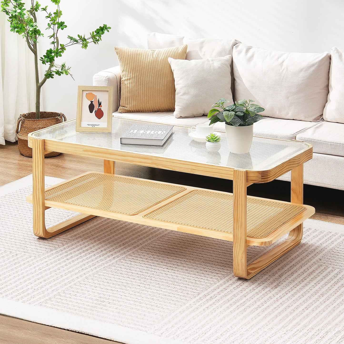 Rotan Bijzettafel – Salontafel – Rattan Tafel – Woonkamertafel – Opbergtafel – 114 cm – Handgevlochten Rattan & Gehards Glas