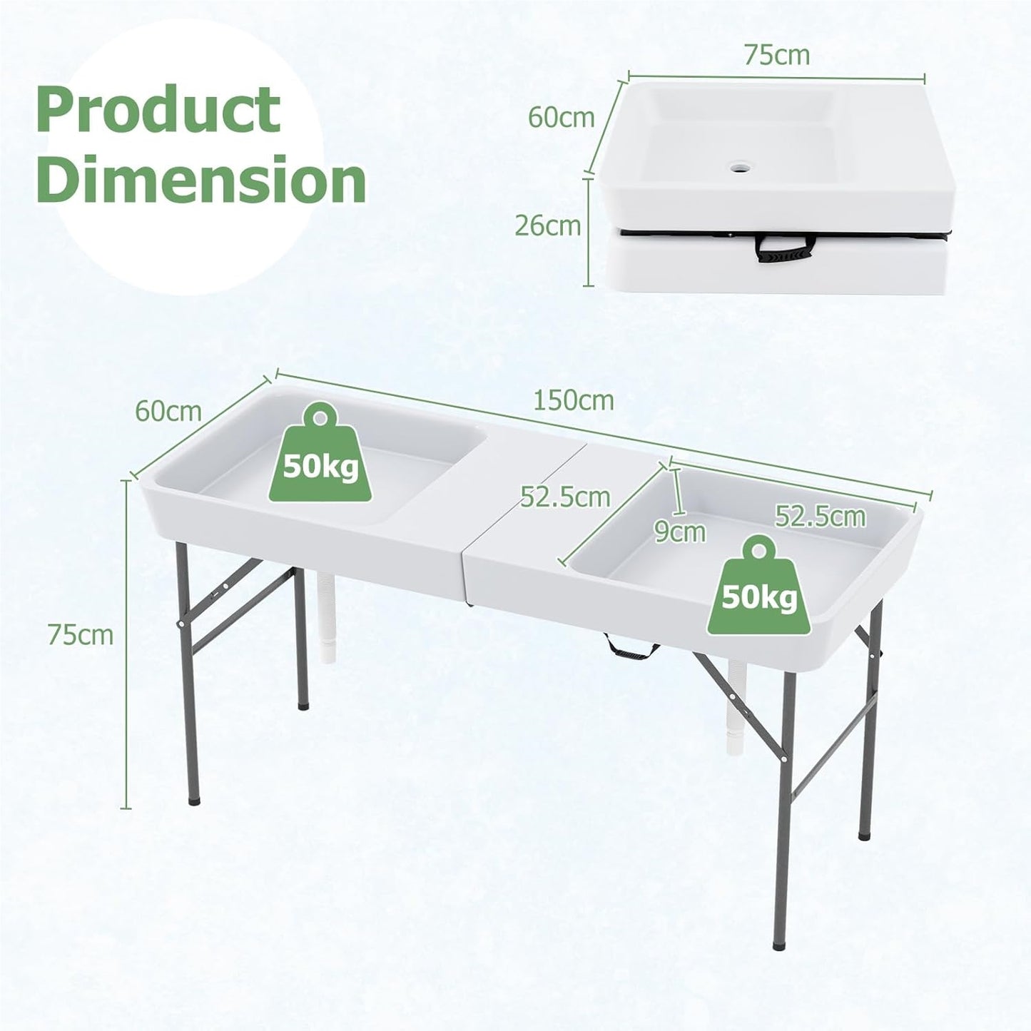 Koeltafel – Campingtafel – Picknicktafel – Vouwtafel – Tuinbar – Dubbele Waskommen – Inklapbaar – Stevig HDPE Metalen Frame – 150 cm – Maximaal 100 kg Draagvermogen
