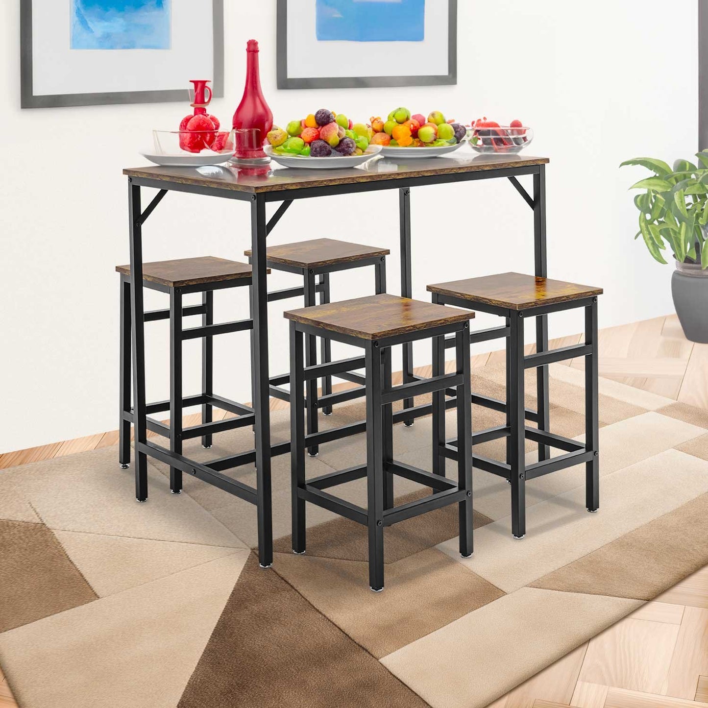 Industriële Bartafelset – Barset – Bartafel Met Krukken – Ontbijthoek – Hoge Tafel – Compact Ontwerp – MDF Blad Met Metaal Frame – 4 Zits Bruin Eikenhoutlook