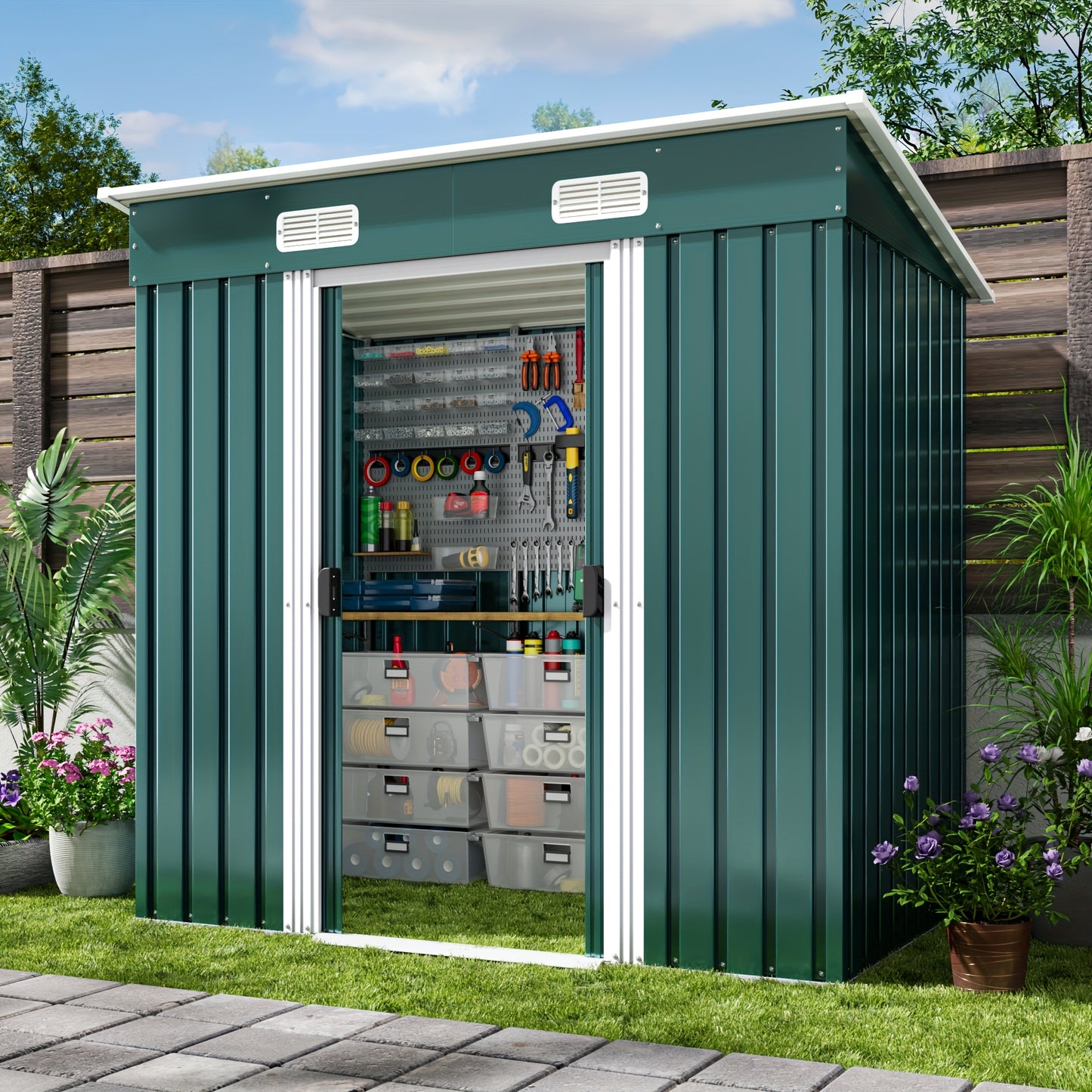 Tuinhuisje – Tuinschuur – Berging – Gereedschapsschuur – Metaalberging – Gegalvaniseerd Staal – Ventilatiesysteem – 183x109x182 cm – Groen/Grijs