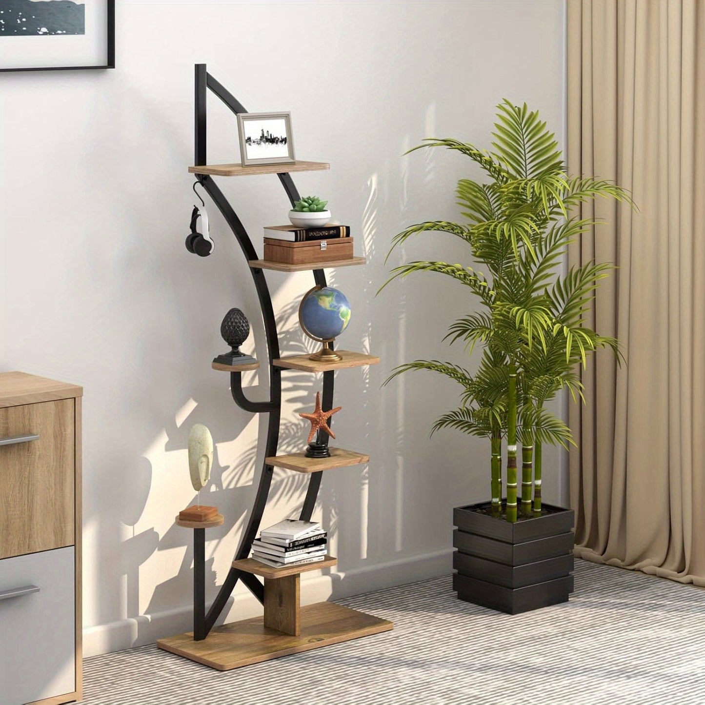 Plantenrek metaal – plantenhouder – plantenstandaard – plantenrek ladder – bloemenrek – 6 niveaus – mat zwart staal – antislip voeten