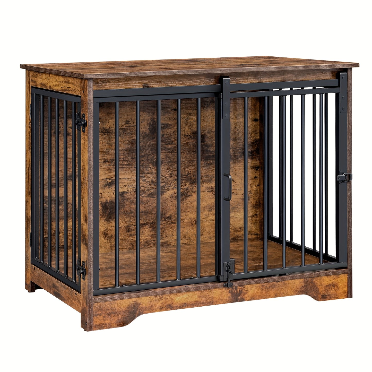Wooden Dog Crate Furniture with Barn Door & Dual Lock - Escape-Proof Chewproof Kennel Suitable for Small/Medium Dogs, Rustic Brown Multi-Functional End Table/ Table/Bedside Cabinet - Space-Saving Indoor Dog House - QUORE