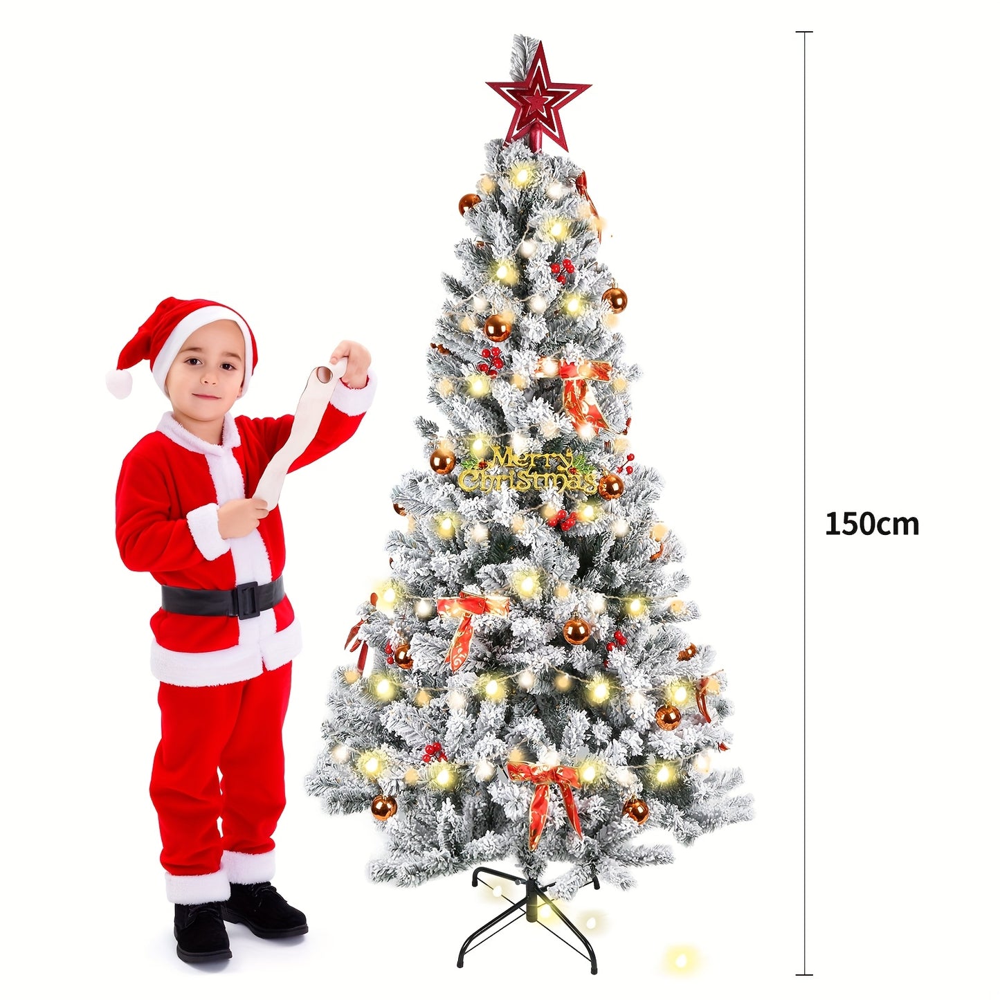 Kunstkerstboom – Nepboom – Valse Kerstboom – Flock Kerstboom – Hinged Kerstboom – 150 cm Hoog – Inclusief Versieringen – Met Sneeuwlaag – Stevige Metalen Standaard – Geschikt Voor Binnen En Buiten