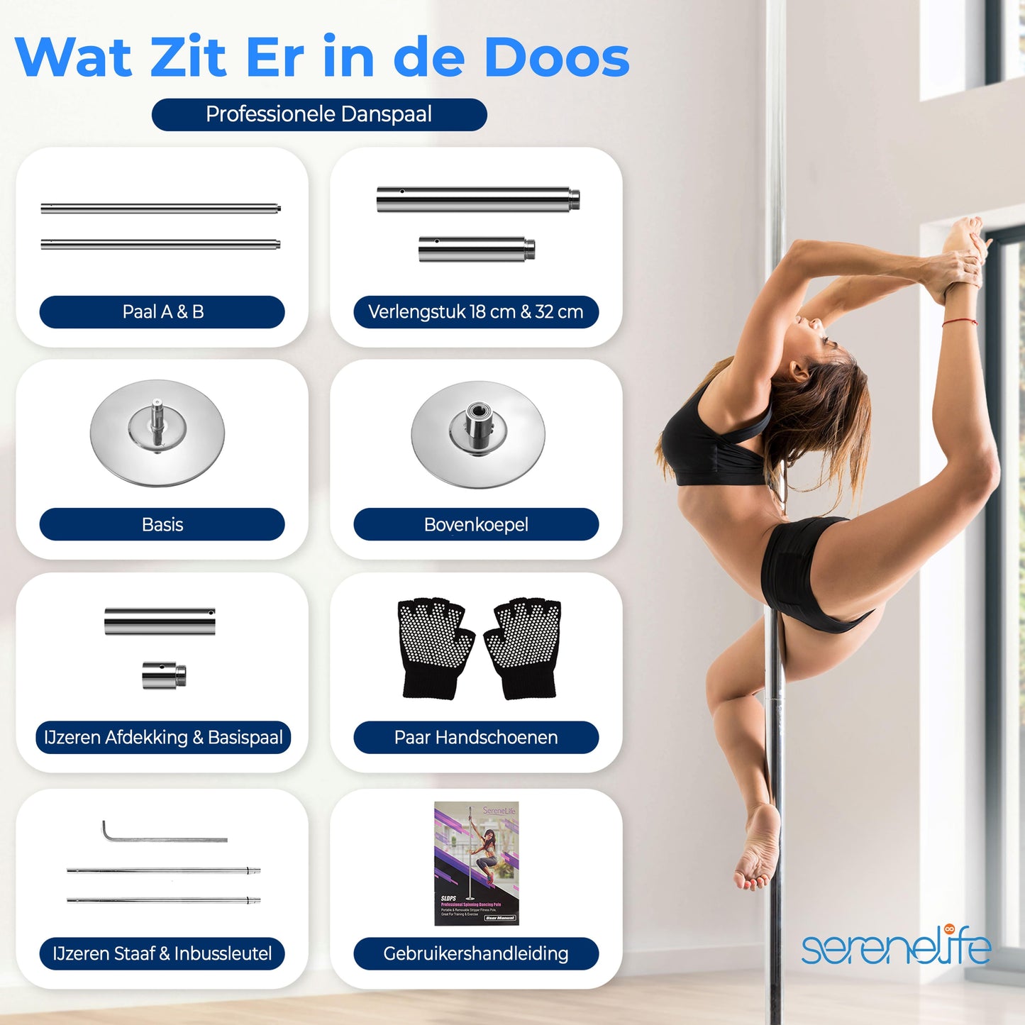 Danspaal – Pole Dance Paal – Pole Fitness Paal – Dansstang – Bewegingspaal – Verstelbare Hoogte 2,03-2,74 m – Robuust Chroomstaal 500 kg Belastbaar