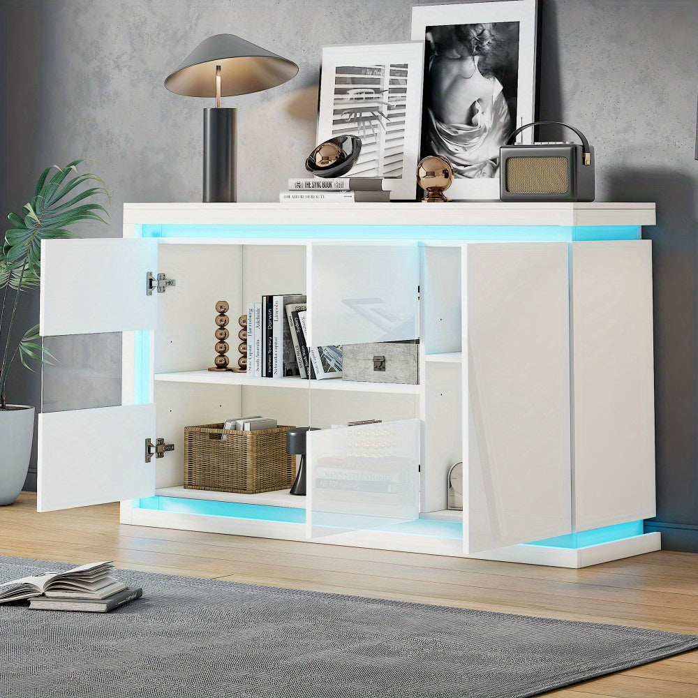 Dressoir – Ladekast – Opbergkast – Buffetkast – Wandkast – Hoogglans Wit – 140x40x84 cm – 4 Compartimenten Met Gehard Glas