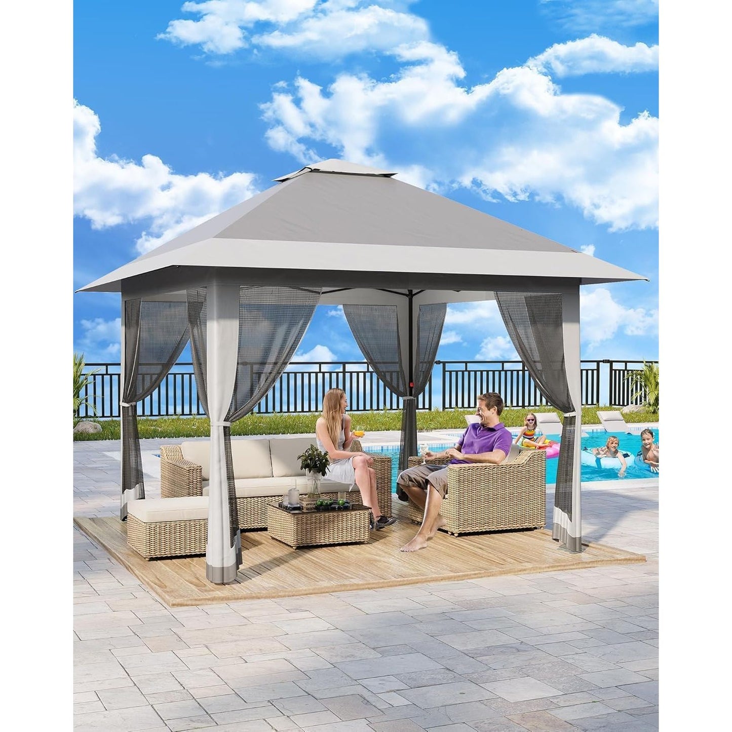 Pop-up Tent – Vouwtent – Zonnescherm – Partytent – Tuinentent – Verstelbare Canopy – Insectennet – Lichtgewicht Alloy Staal – Waterafstotende Oxford Stof – 365x365 cm – Draagbare Opbergtas – Donkergrijs/Grijs