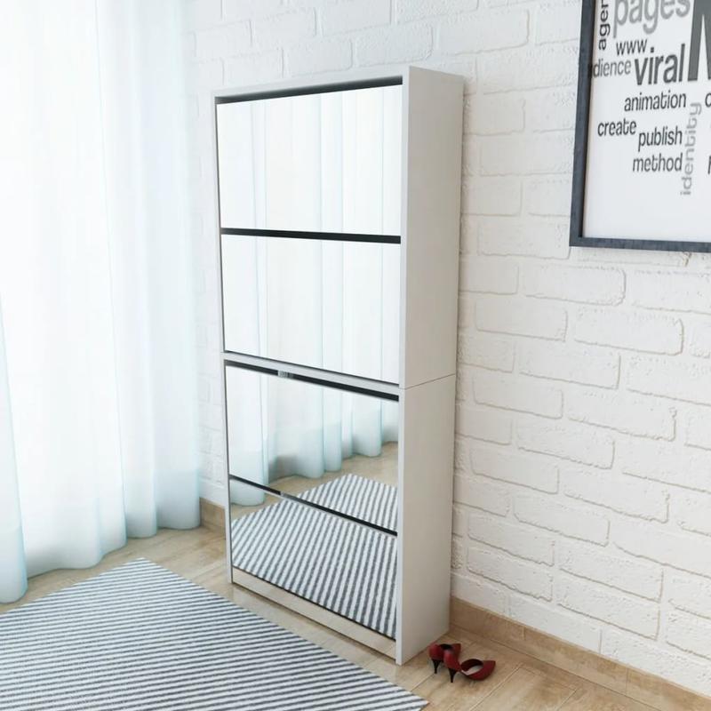 Schoenenkast – Schoenenrek – Schoenenopberger – Schoenenmeubel – Wit – 4 Vakken Met Spiegel – Massief Hout – Compact 63x17x134 cm