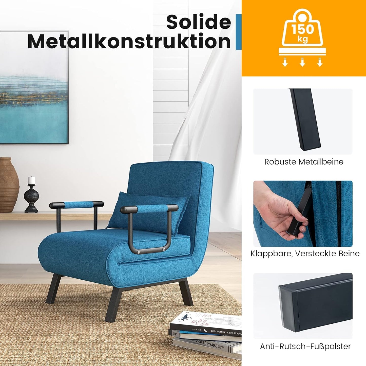 4-in-1 Slaapstoel – Slaapbank – Lounge Stoel – Vouwstoel – Relaxstoel – 5-Posities Verstelbare Rugleuning – Afneembare Kussen – Blauw