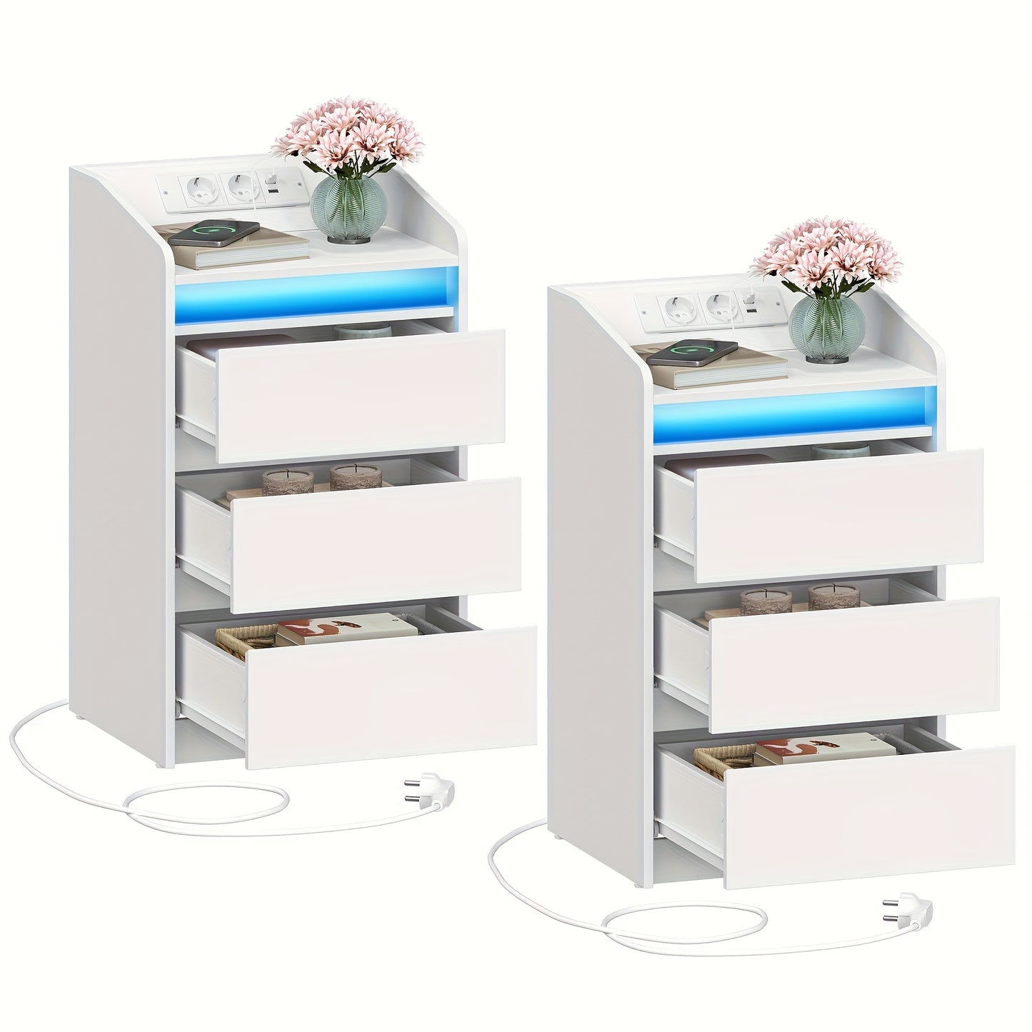 Nachttafel Set – Nachtkastje – Bijzettafel – Bedkastje – Ladeblok – Met Oplaadstation en LED-verlichting – 2 AC Stopcontacten en 2 USB-poorten – 3 Laden – Wit – Compacte Afmetingen 35x40x68 cm