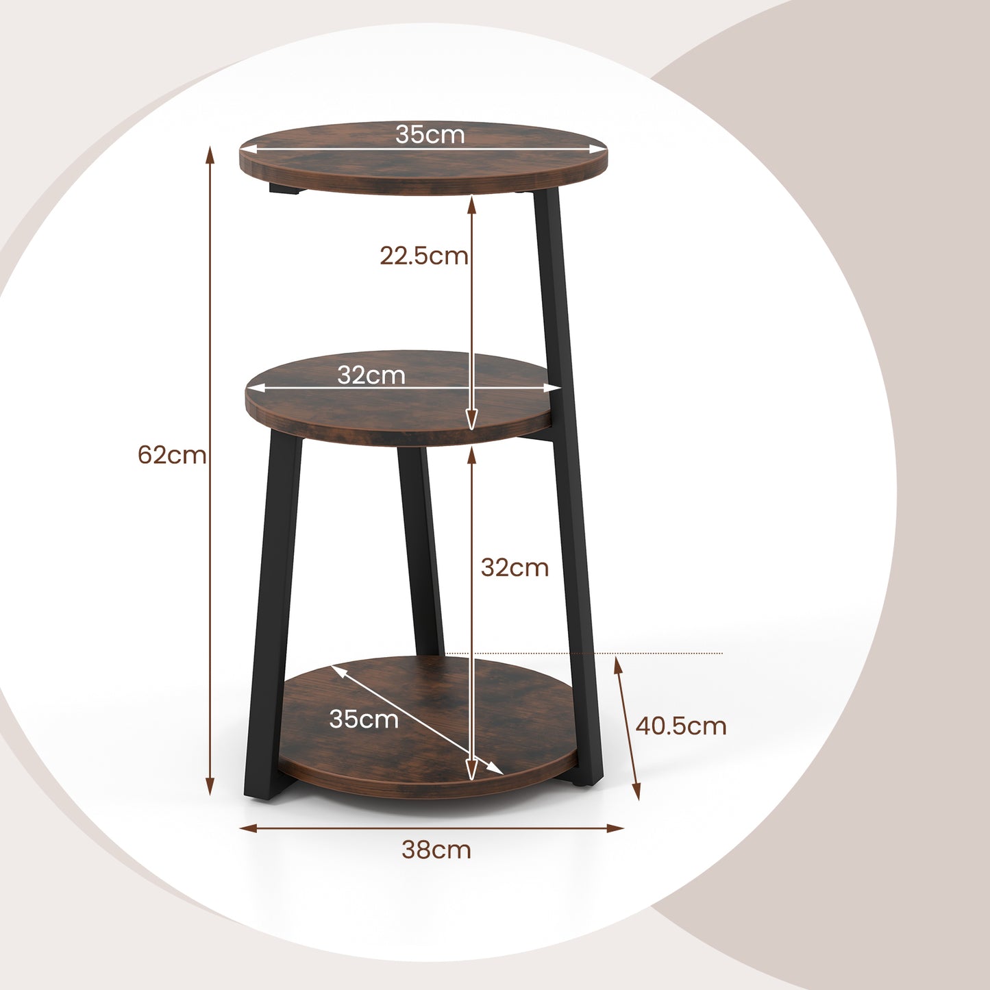 Ronde Bijzettafel – Salontafel – Tafeltje – Accenttafel – Industrieel Tafel – Verstelbare Voetjes – Robuust Metalen Frame – Compact Formaat