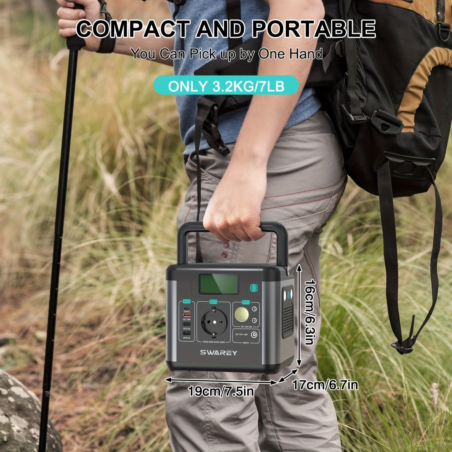 SWAREY Portable Power Station | 222 Wh Lithium Batteries, 300 W (Peak 600 W) AC Output, 65 W USB-C Port, Solar Power Bank for Outdoor, Camping, Travel, Fishing, Motorhome