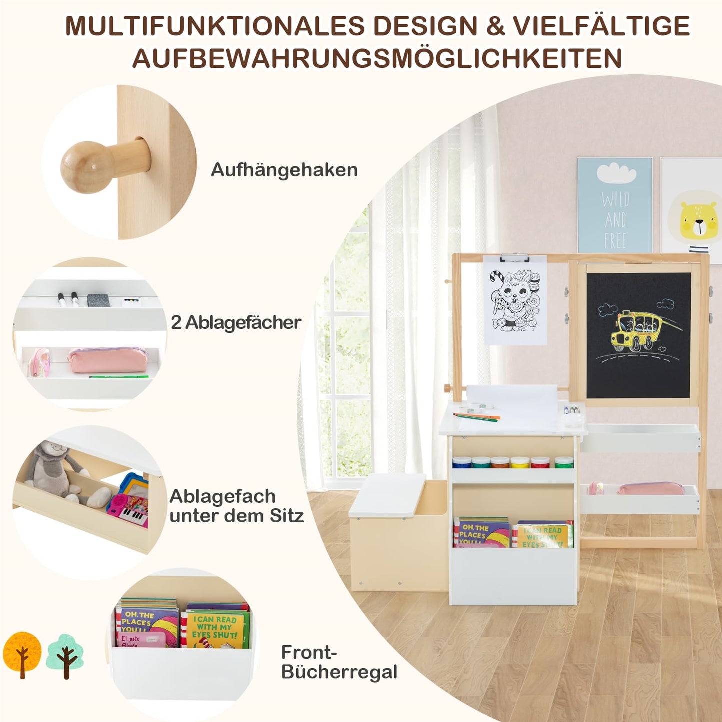 Kindertekentafel – Kindertafel – Tekentafel – Activiteitentafel – Speeltafel – Dubbelzijdige Krijtbord & Whiteboard – Verstelbare Hoogte & Opbergruimte