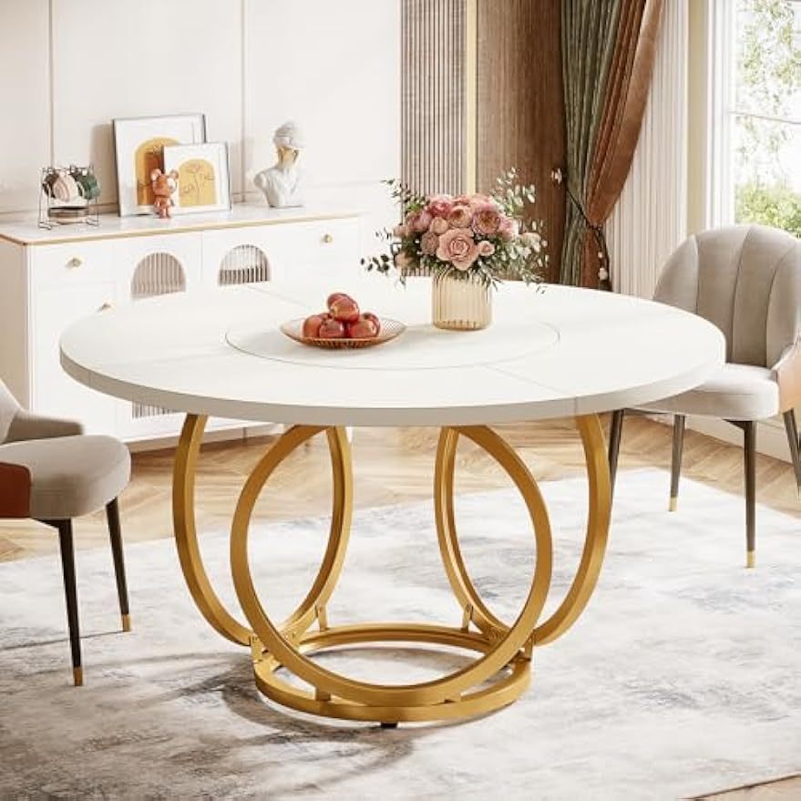 Ronde Eettafel – Ronde Tafel – Keukentafel – Eetkamertafel – Tafel – MDF Blad Wit – Gouden Metalen Onderstel – 120 cm – Geschikt voor 4-6 Personen