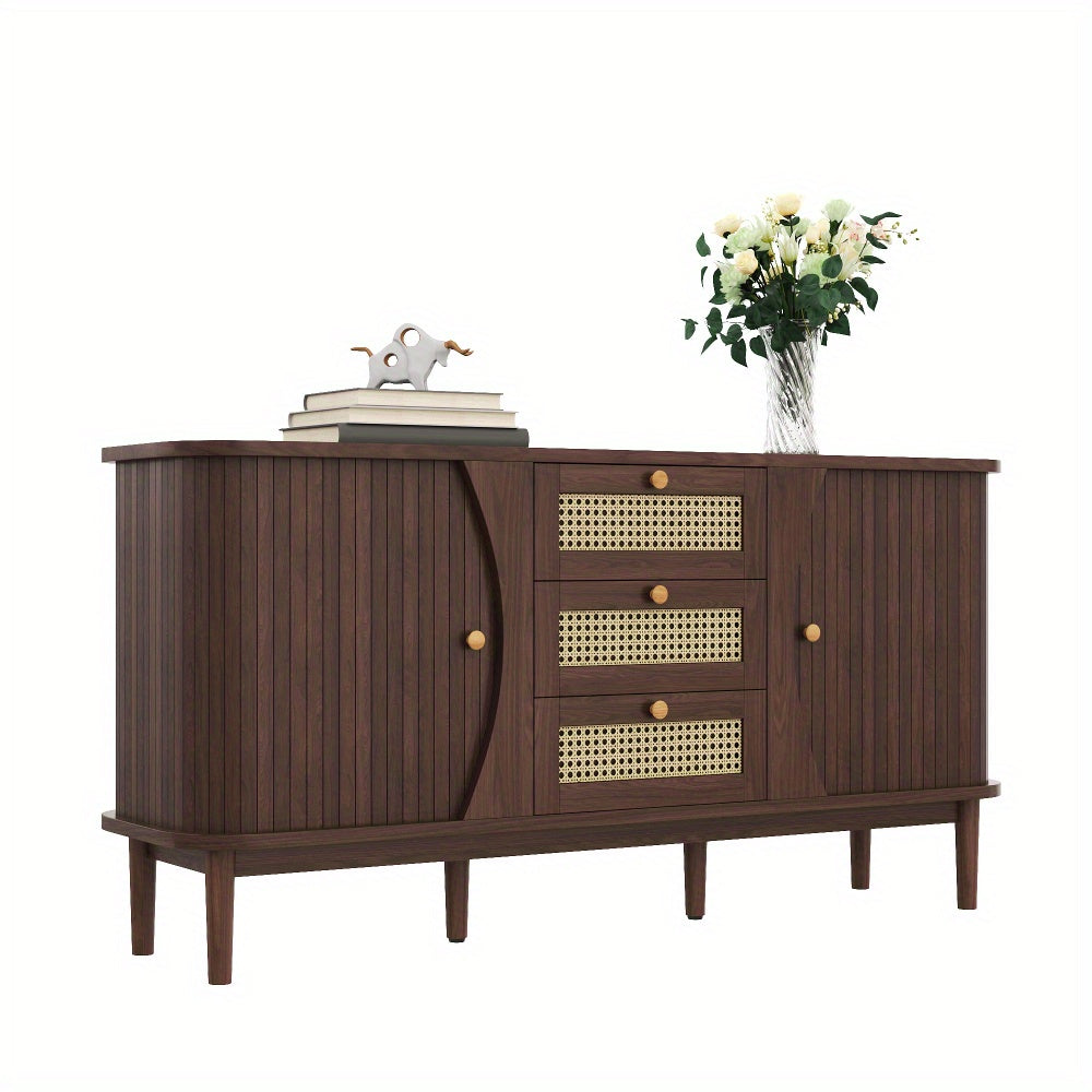 Modern Farmhouse Sideboard Cabinet with Sliding Doors - Natural Beige & Brown Storage Furniture, Adjustable Shelves, Entryway, Living Room, Dining Room Organizer - Easy Assembly Required, Entryway Furniture, Contemporary Desi