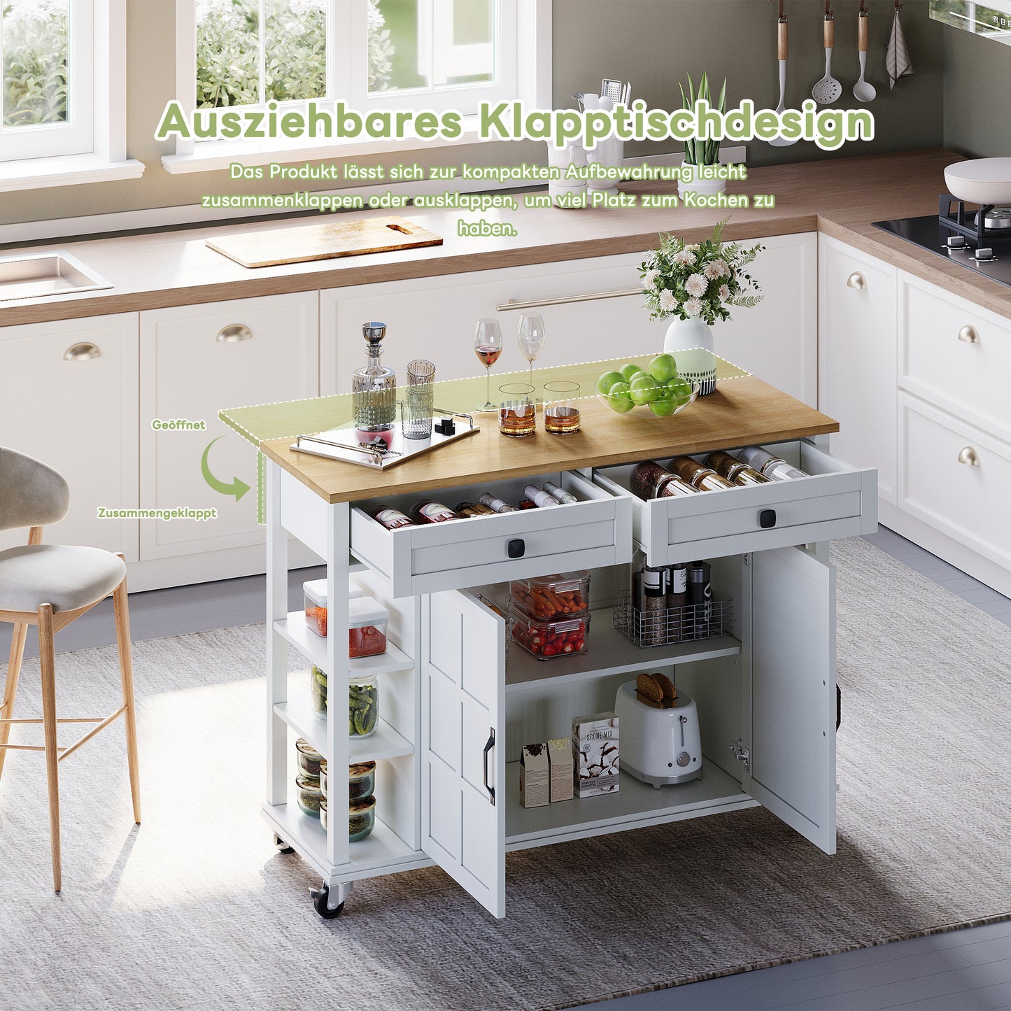 Keukentrolley – Keukenwagen – Serveerwagen – Opbergwagen – Werkbank – Uitschuifbaar Werkblad 120×65 cm – MDF Melamine Water- en Krasbestendig – Met 2 Lades, Opbergruimte en Wieltjes Wit