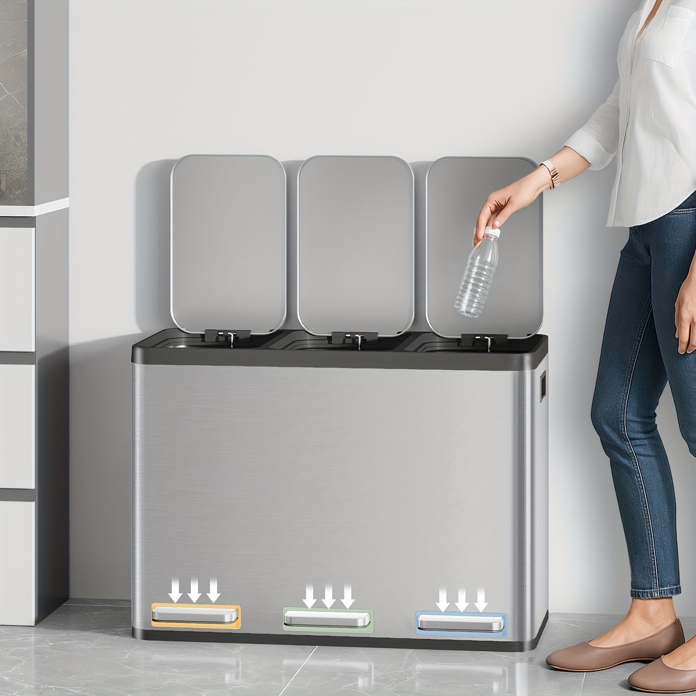 Kitchen Trash Can, Waste Separation System 3 Compartments 45L (3 X 15L), Stainless Steel Kitchen Trash Can, Pedal Bin with Color-coded Pedals, Waste Bin Quiet Slow Descent, Silvery