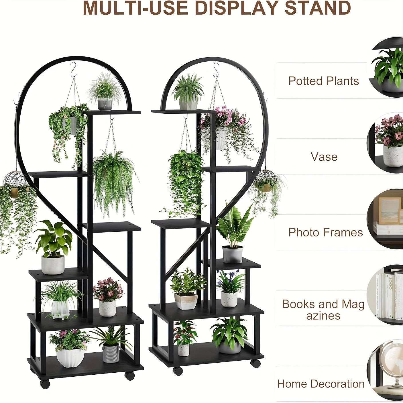 Plantenwagen – Plantenrek – Bloementrolley – Plantentrolley – Plantenkast – Zwart Metalen Frame – 6 Lagen – Mobiel met Wieltjes – 110x28x172 cm – Geschikt Binnen en Buitengebruik