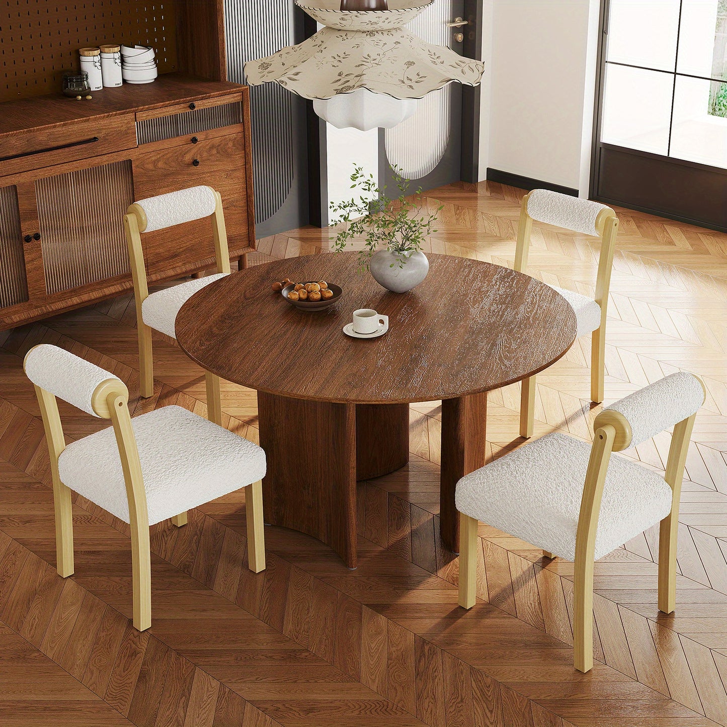 Eetkamerstoel – Houten Stoel – Keukenstoel – Dining Chair – Stoel Met Kussen – Set Van 2 Of 4 – Witte Faux Sherpa Bekleding – Stevig Rubberhouten Frame