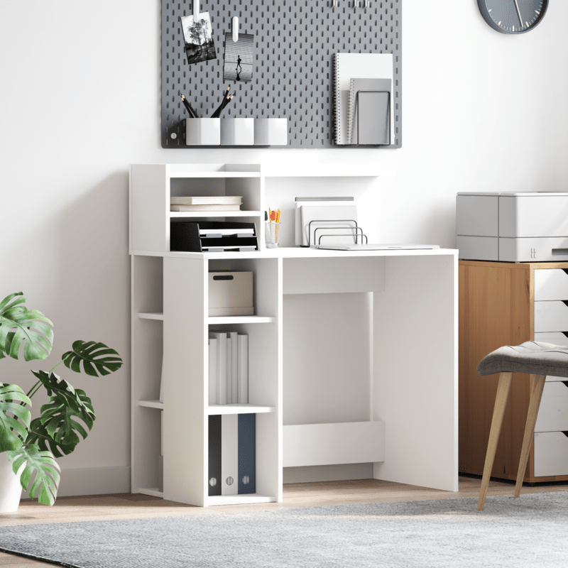 Bureaumeubel – Bureau – Computertafel – Bureautafel – Werkbureau – Wit – Compact 90x48x101,5 cm – Stevig MDF Hout – Opbergvak en Kastje