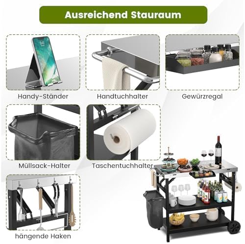 Grilltafel met 3 planken, grillwagen met verstelbare plank, telefoonstandaard, kruidenrek, handdoekhouder, zakdoekhouder en haken, outdoor serveerwagen bijzettafel