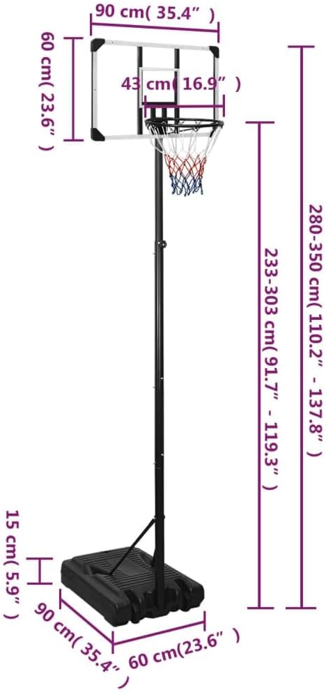 Basketbalpaal – Basketbalstandaard – Basketbalring – Verplaatsbare Basketbalpaal – Basketbalbord – Verstelbare Hoogte 280-350 cm – Duurzaam Polycarbonaat & Steviele Mobiele Basis