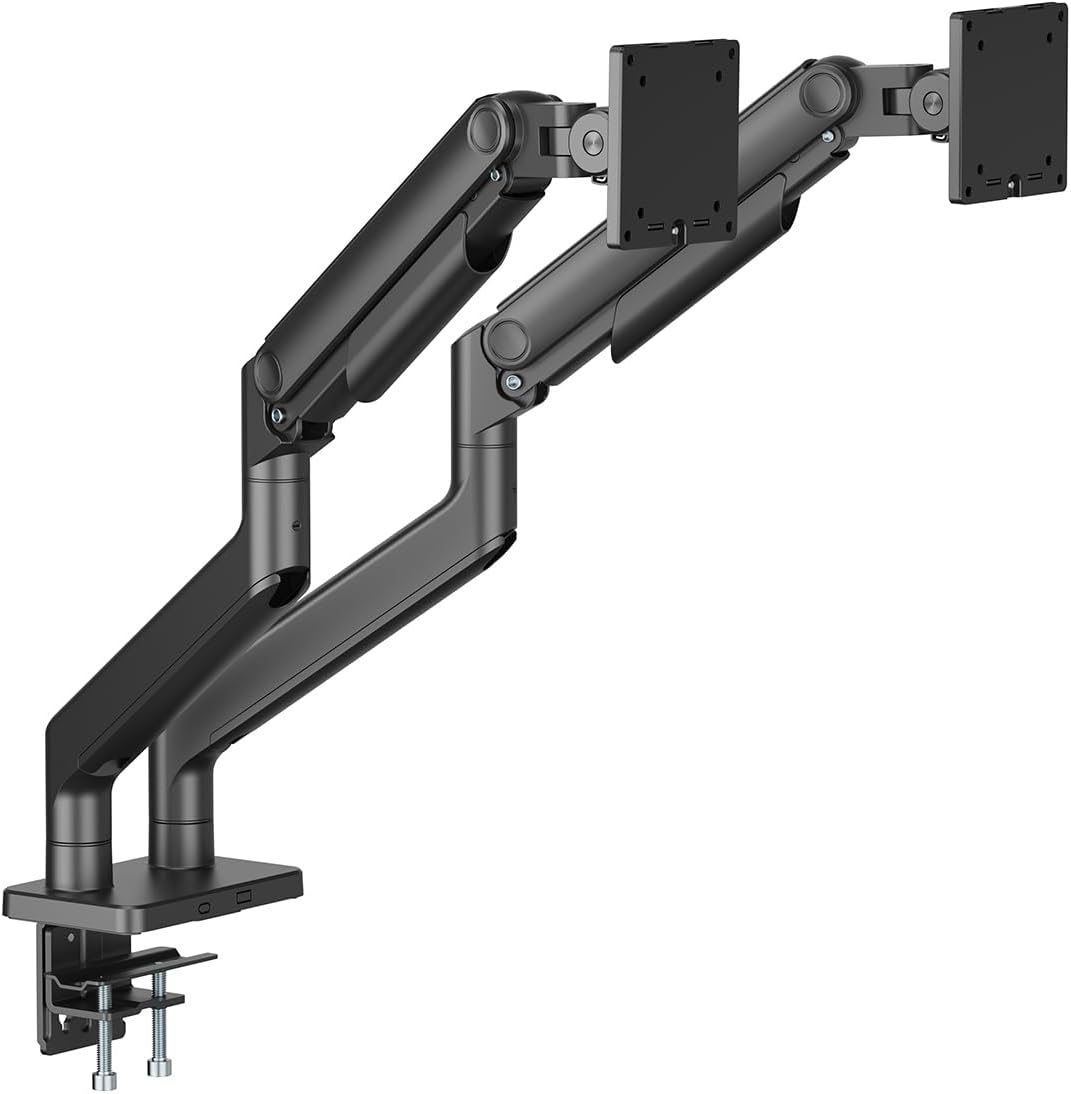 DIGITUS monitorbeugel – 2 schermen – tot 45 inch – draagvermogen 20 kg – mechanische veer – voor platte en gebogen monitoren – VESA 75x75 100x100 – draaien, zwenken, kantelen – zwart