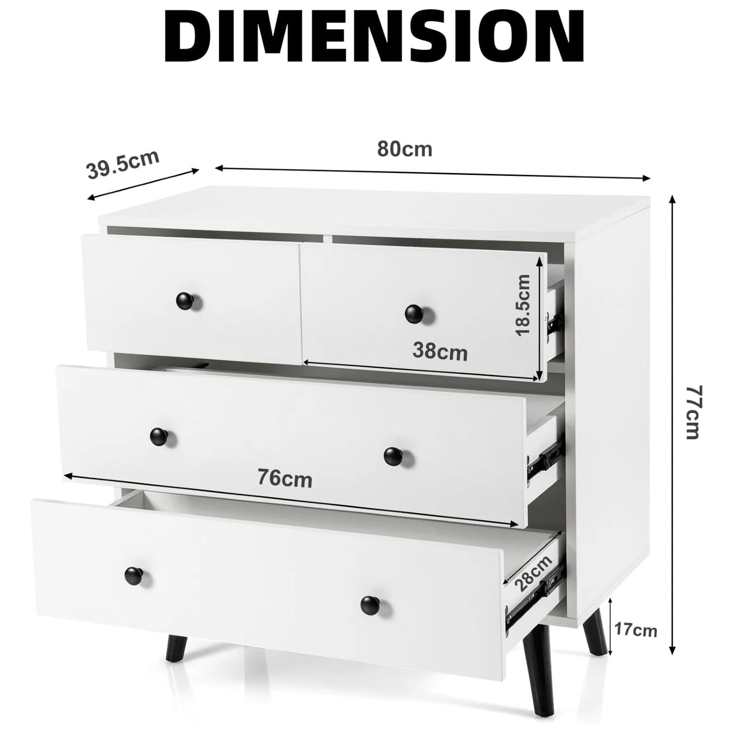 Houten Ladekast – Ladekasten – Opbergkast – Nachtkastje – Ladenkast – Wit – 4 Lades in 2 Maten – Kantelbeveiliging – Metalen Bovenplaat tot 50 kg