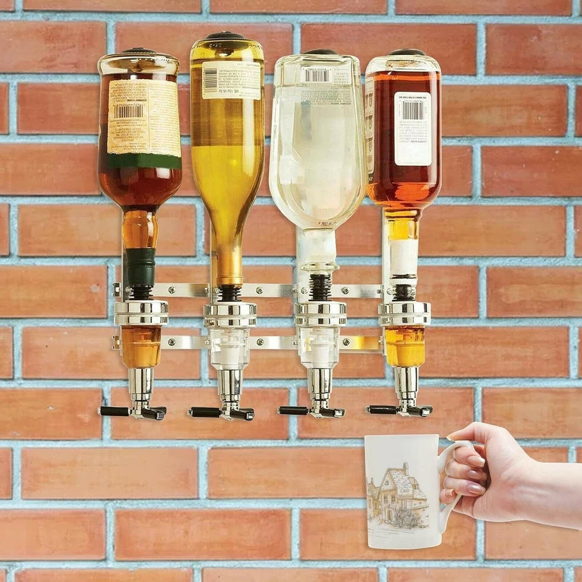 4-Bottle Wall-Mounted Beverage Dispenser (Bar Butler) - Heavy-Duty Aluminum Drink Dispenser with Spigot Tap, Space-Saving Countertop/Kitchen/Party Server System, Compatible with Soda, Juice, Water - Easy Install for Home Bars & Restaurants, Wine Dispenser