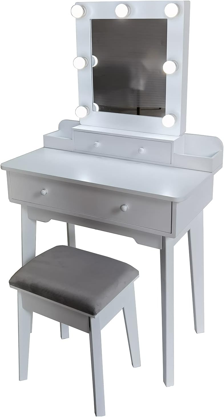 DRW Make-uptafel met 4 schuifladen van hout met ledlampjes en kruk in wit, 75 x 40 x 130 cm, kruk 36 x 28 x 45 cm