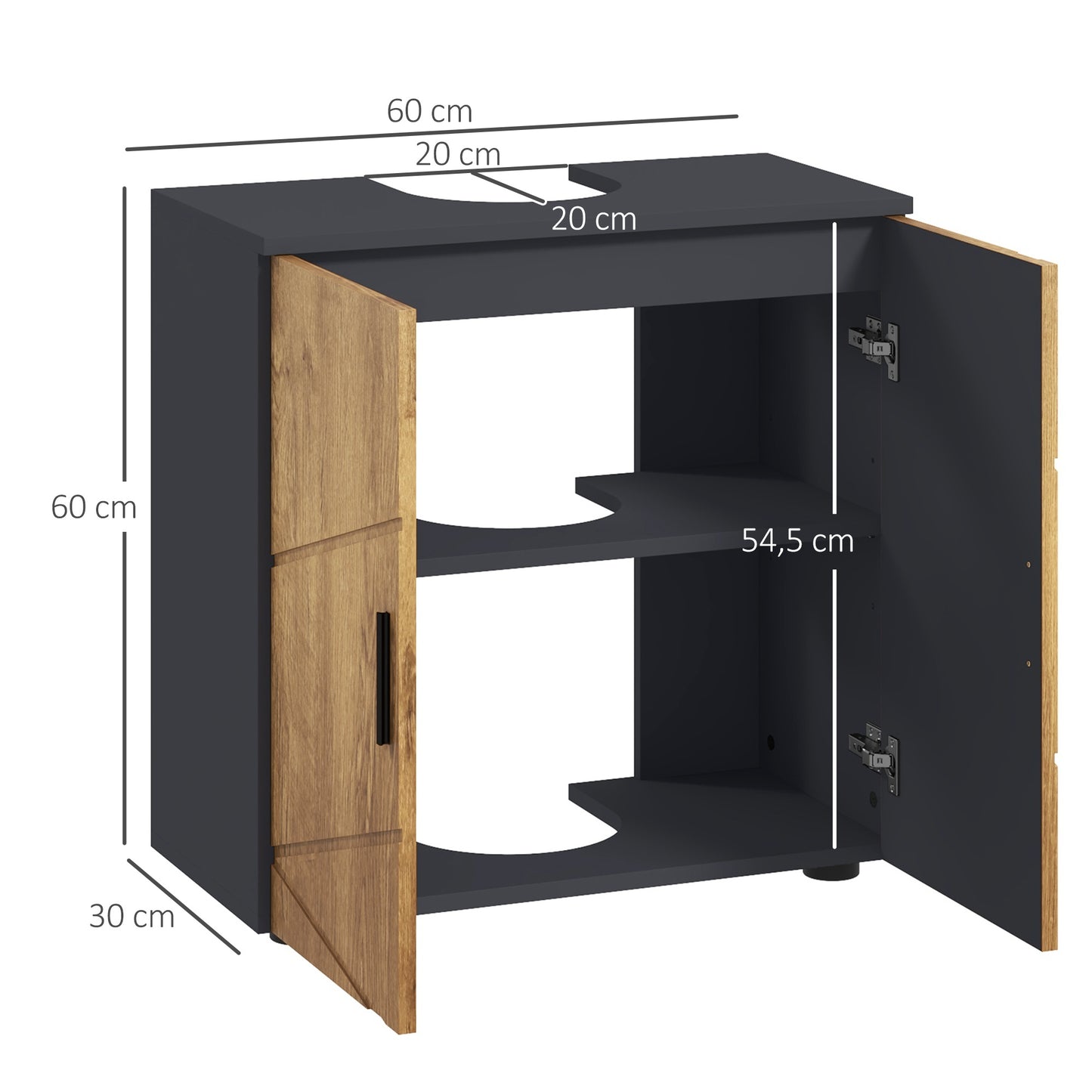 Badkamerkast – Onderkast – Wastafelonderkast – Opbergkast – Kolomkast – MDF Materiaal – Verstelbare Binnenplank – Afmetingen 60x30x60 cm – Antracietgrijs Houtlook