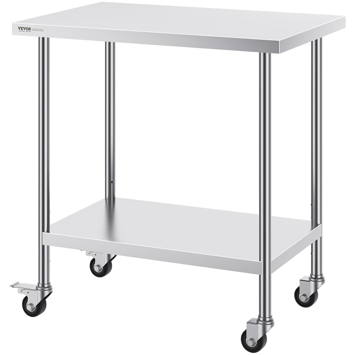 VEVOR Roestvrijstalen werktafel 61 x 90 x 90 cm, met 4 wielen, 3 verstelbare hoogteniveaus, zware werktafel voor voedselvoorbereiding voor commercieel keukenrestaurant, zilver