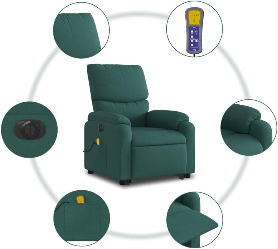 Elektrische Massagestoel – Sta-Op Stoel – Relaxstoel – TV Stoel – Elektrische Relaxstoel – 6-Punts Vibratiemassage – Elektrisch Verstelbare Rugleuning Tot 135° – Donkergroen Stof
