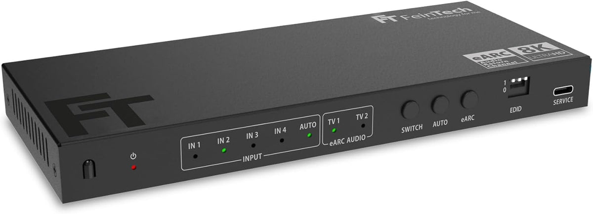 FeinTech AX341 HDMI 2.1 eARC Splitter Switch 4-in-2 Out met audio-extractor (eARC-soundbar, Toslink & AUX), 8K 60Hz, 4K120Hz, Downscaler