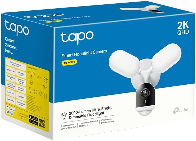 TP-Link Tapo Floodlight Outdoor Security WiFi-camera, draadloos, 2800lm ultrahelder, 2K QHD, IP65, 270° beweging, full colour nachtzicht, slimme AI-detectie (Tapo C720)
