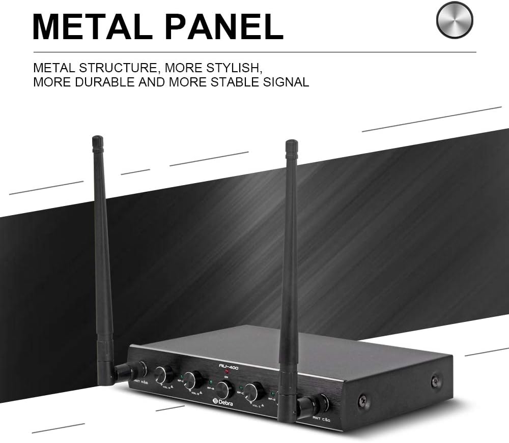D Debra Audio AU400 PRO UHF 4-kanaals draadloos microfoonsysteem, draadloze handheld dynamische karaokemicrofoon met ontvanger voor zingen, bruiloft, DJ, feest, spraak, kerk