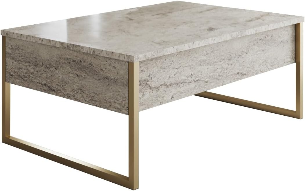 Hanah Home Elegant koffietafel, travertine en goud, 90 x 60 x 40 cm, 100% melamine gecoat deeltjesbord, 18 mm dik, stevige metalen poten, modern marmerdesign