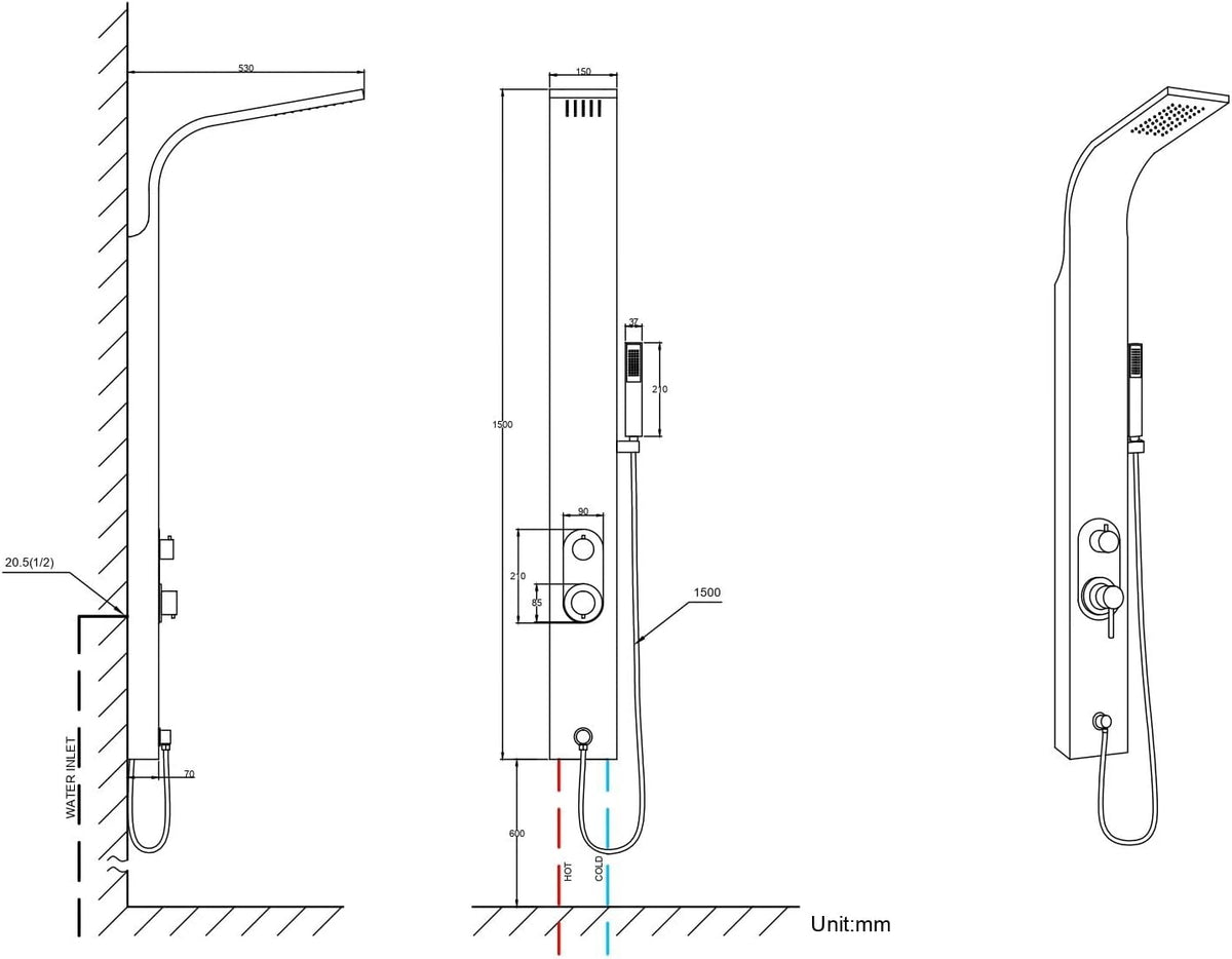 Showerpanel – Douchepaneel – Douchekolom – Regendouche – Handdouche – Geborsteld Roestvrij Staal – 150 x 15 cm – Anti-vingerafdruk Coating – Anti-kalk Knoppen
