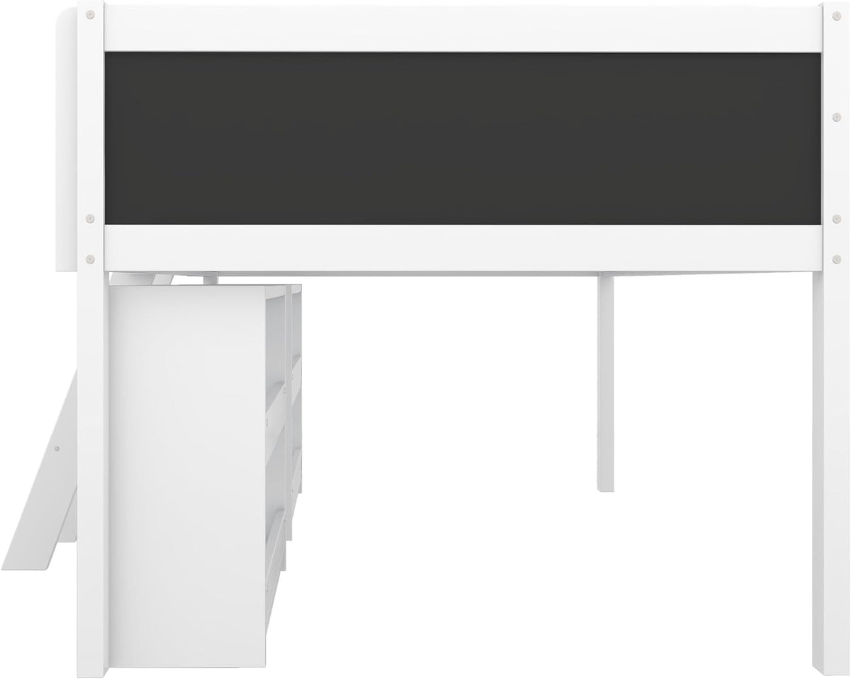 Children's Bed with Shelf, Slatted Frame, Ladder and Fall Protection, Teenage Bed, Single Bed, Wooden Pine Bed (White, 90 x 200 cm) - QUORE
