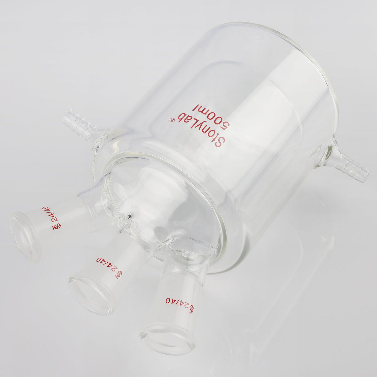 stonylab Dubbelwandige reactiekolf, vlakke bodem reactievat met dubbele laag en drie 24/40 standaardaansluitingen, 500 ml